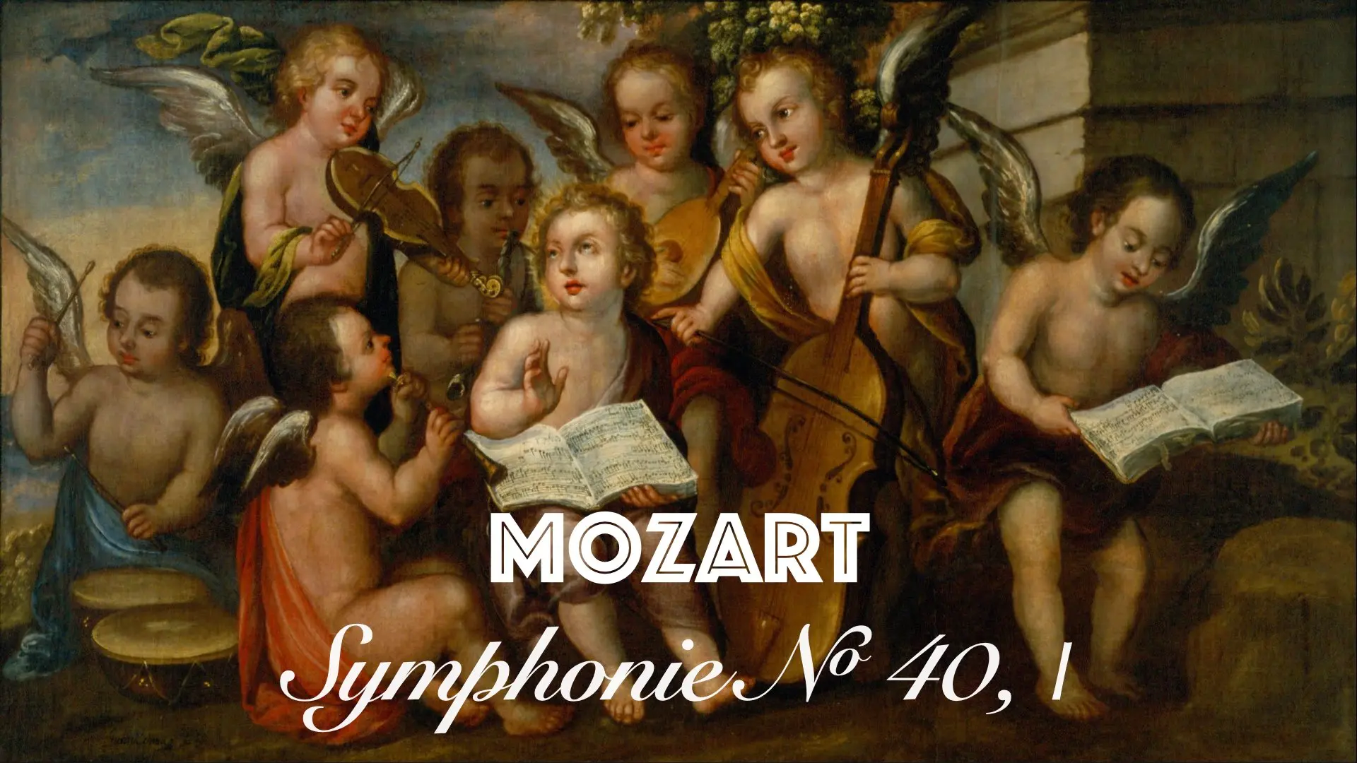Texte « MOZART — Symphonie N<sup>o</sup> 40 » sur fond de peinture représentant des angelots musiciens.