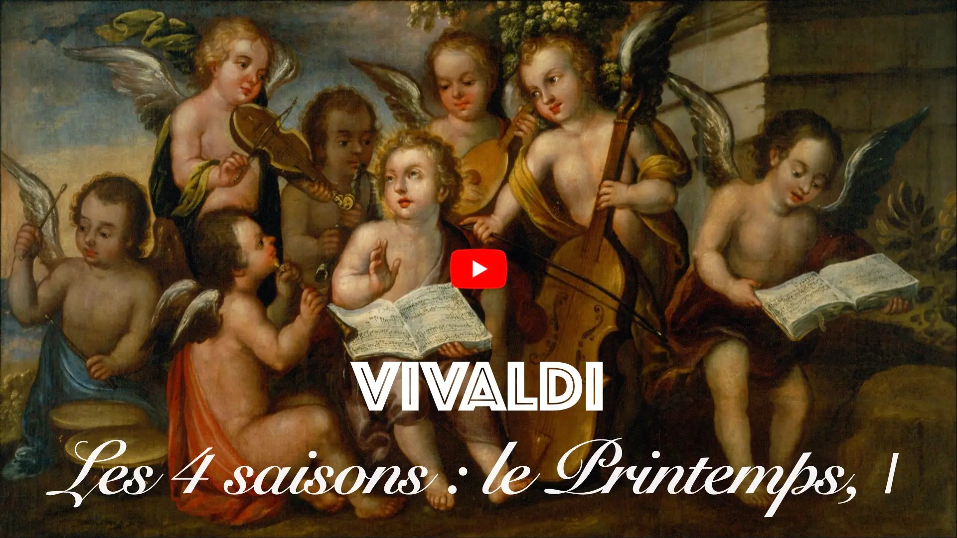 Texte « VIVALDI — Les 4 saisons : le Printemps » sur fond de peinture représentant des angelots musiciens.